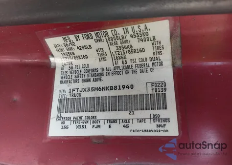 1992 Ford F350 z USA, uszkodzony, nr VIN 1FTJX35M6NKB81940